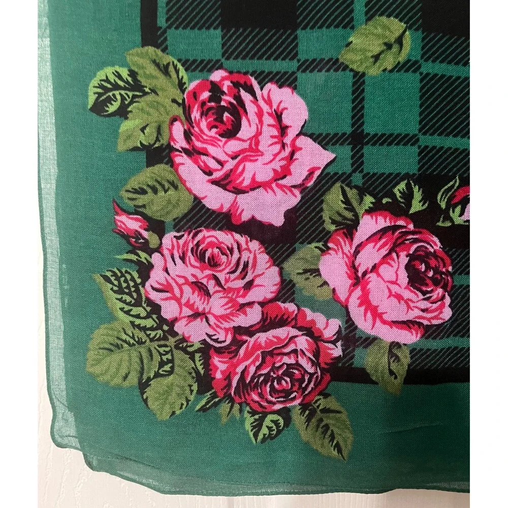 Jacqueline Ferrar Green Plaid Pink Rose Floral Square Scarf Made in Italy 30x30